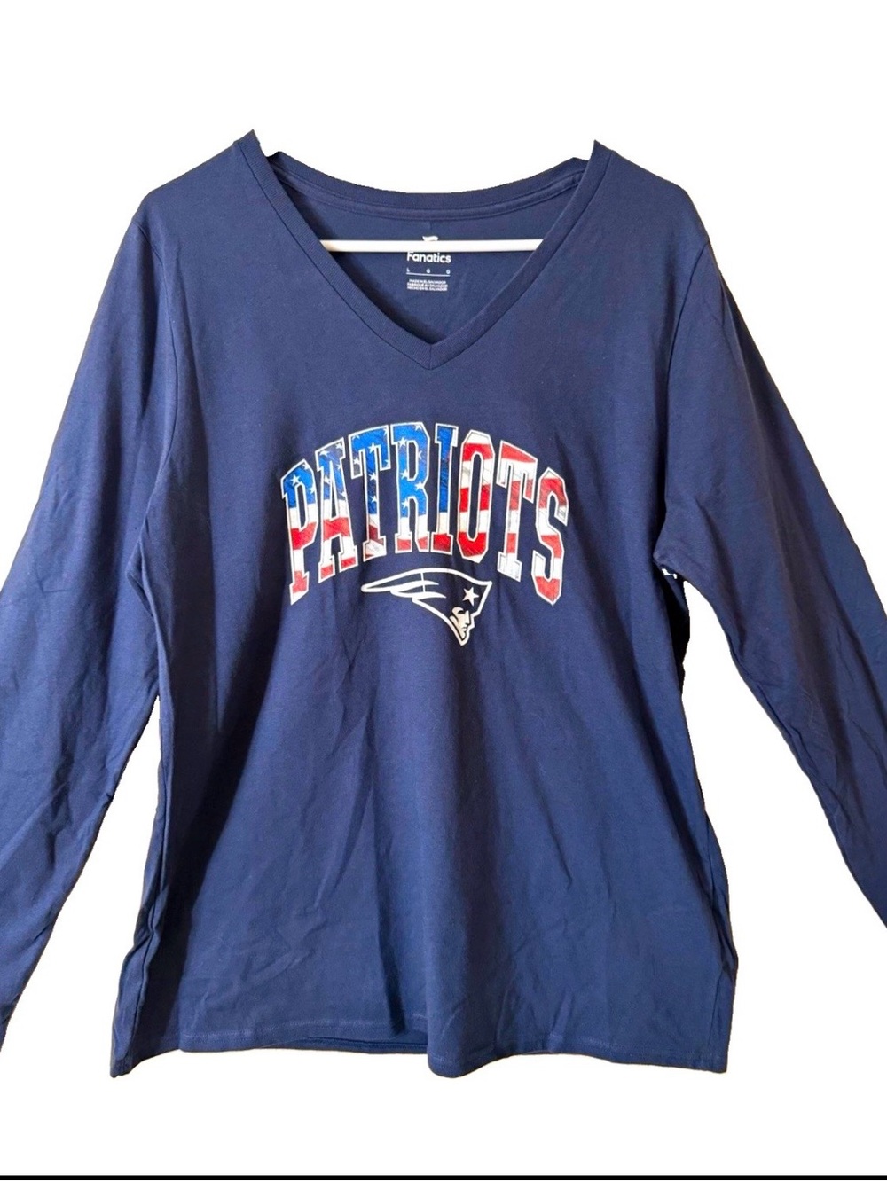 Fanatics New England Patriots NFL Blue Long Sleeve V-Neck Shirt Women’s L NEW